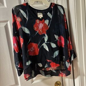 GO BY GO SILK Black and Red Abstract V-Neck Blouse